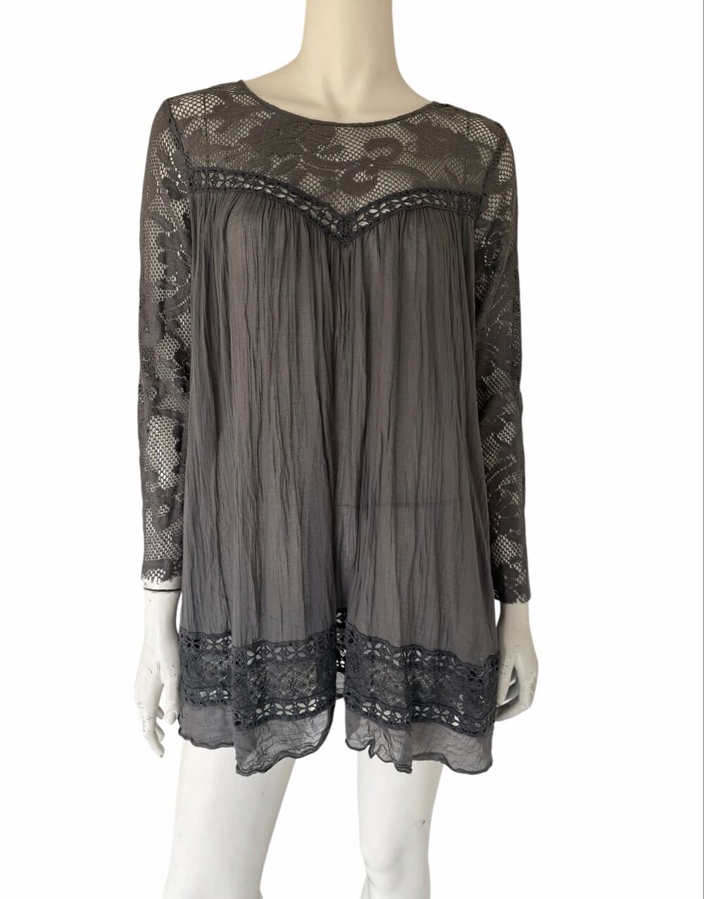 FP One Free people Gray cotton lace long sleeve mini dress or tunic sz L